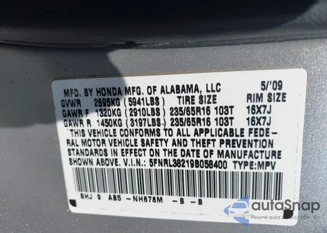 2009 Honda Odyssey Lx z USA, uszkodzony, nr VIN 5FNRL38219B058400